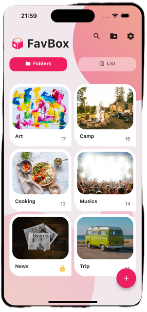 FavBox のホーム画面。Folders タブで Art / Camp / Cooking / Musics / News / Trip などのフォルダがサムネイル付きで並んでいる様子。